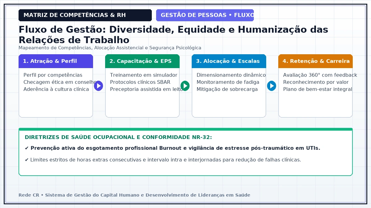 Diagrama de Engenharia de Processos de Pessoas e Matriz de Competências Clínicas - Gestão de Escalas Médicas, Plantões e Mitigação da Fadiga Operacional